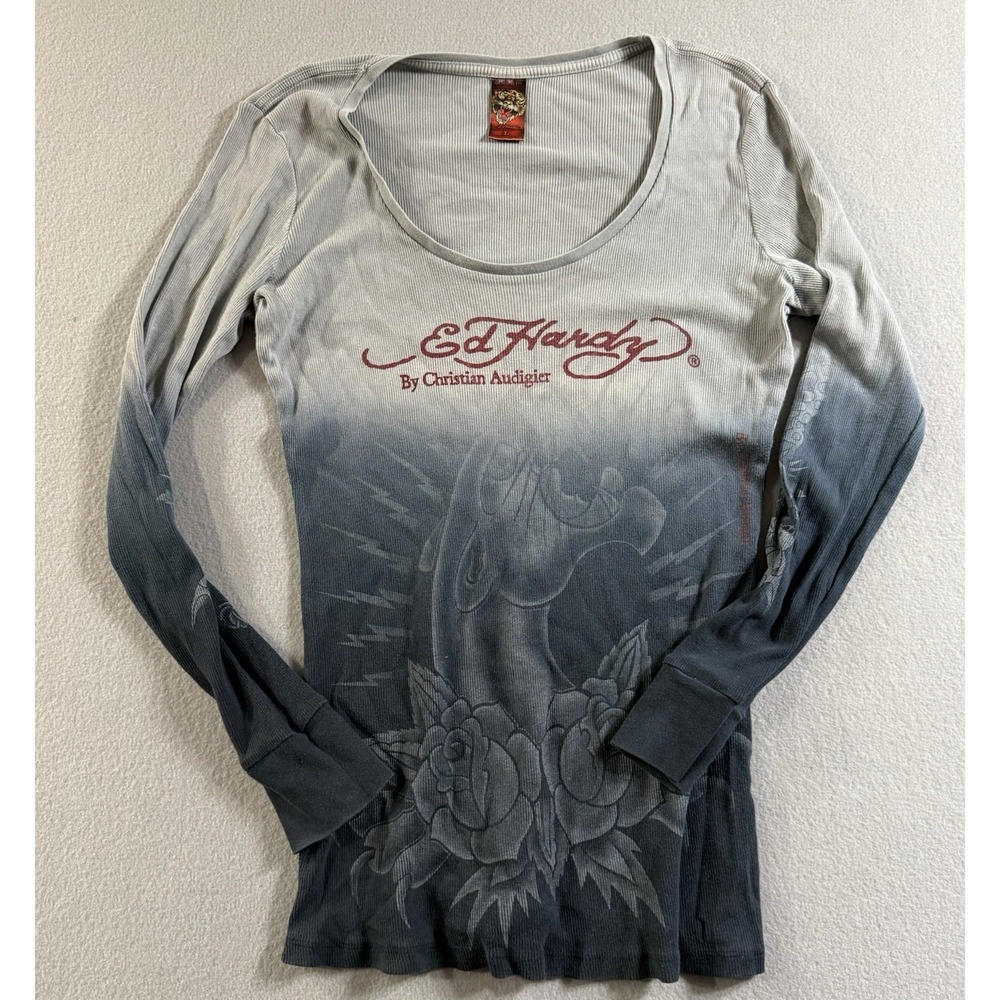 Vintage Ed Hardy Women' Long Thin Sweater Size Large With Details Design Ombré